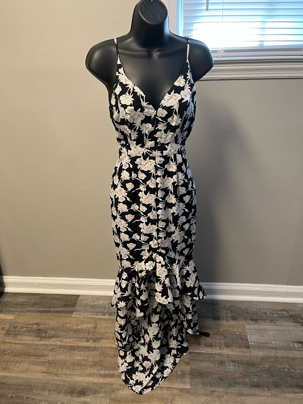 Lulus Black & White Floral Ruffle Maxi Dress